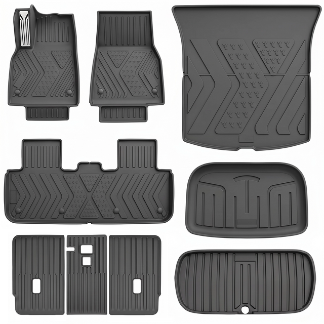 MoldedFit Tesla Model Y Juniper floor mats illustrating Fit Feel Finish