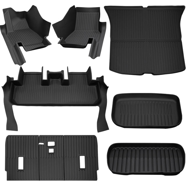 Tesla Model Y Juniper floor mats 7-piece set — front liners, rear liner, trunk, frunk, well & seatback mats (CabinProtect Elite Kit)