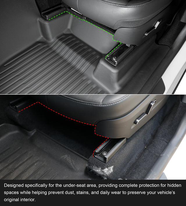 Tesla Model Y Juniper front seat tracks and under-seat area protected by CabinProtect TPE liner
