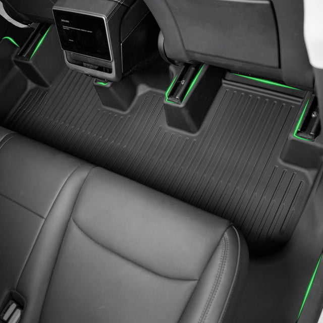 Tesla Model Y Juniper rear seat floor liner with raised edges — full-cabin TPE protection