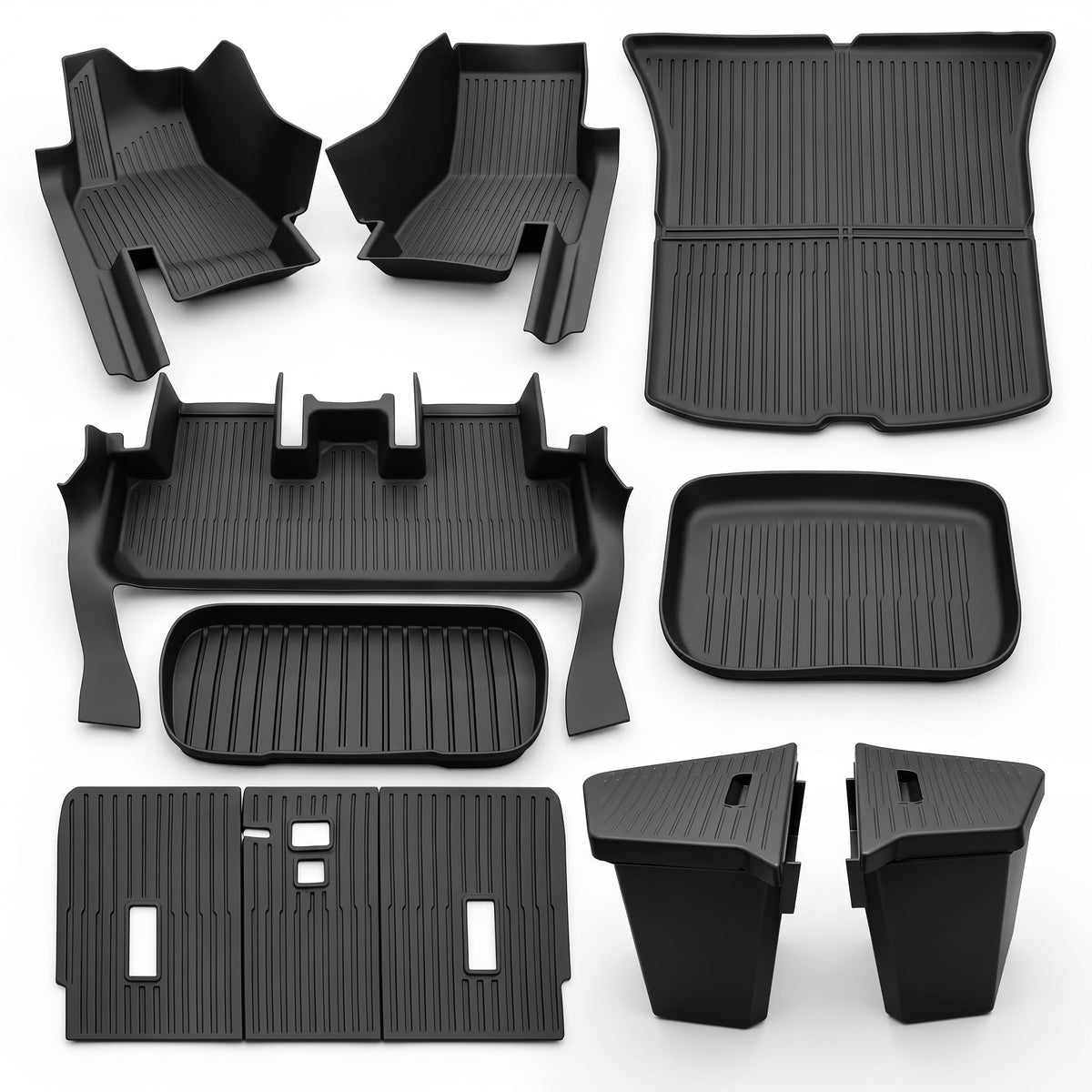 Tesla Model Y Juniper Floor Mats 2026, 11 Piece Elite Plus Kit, All Weather TPE, 2 Lidded Trunk Storage Bins