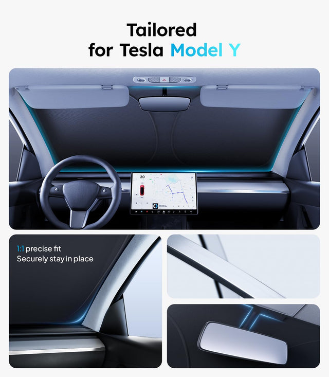 SUPER LINER 2 PCS Accessories for Tesla Model Y Juniper 2026 2025,CabinProtect Glass Roof Sunshade & Windshield Sun Shade [Never Sag,Graphene Iattice Reflective Layer] Heat Insulation Glass Sun Shade