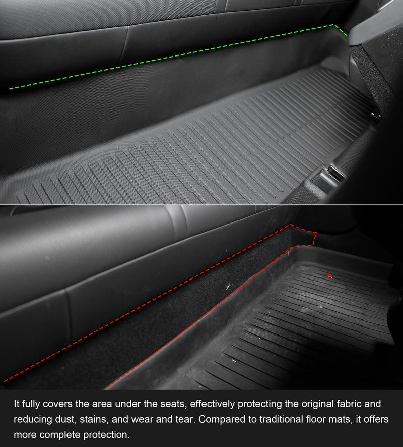 Tesla Model Y Juniper second-row under-seat area covered by CabinProtect liner